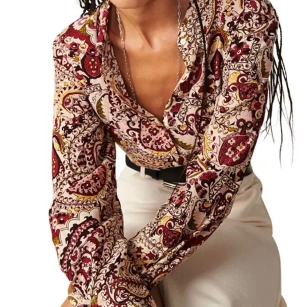 Ba&sh Zelie Paisley Print Button Down Shirt Viscose Burgundy Cream Womens Size S